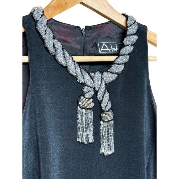 Alex Evenings Vintage Black Silver Beaded Tassel Neck Cocktail Evening Gown L - Picture 2 of 6